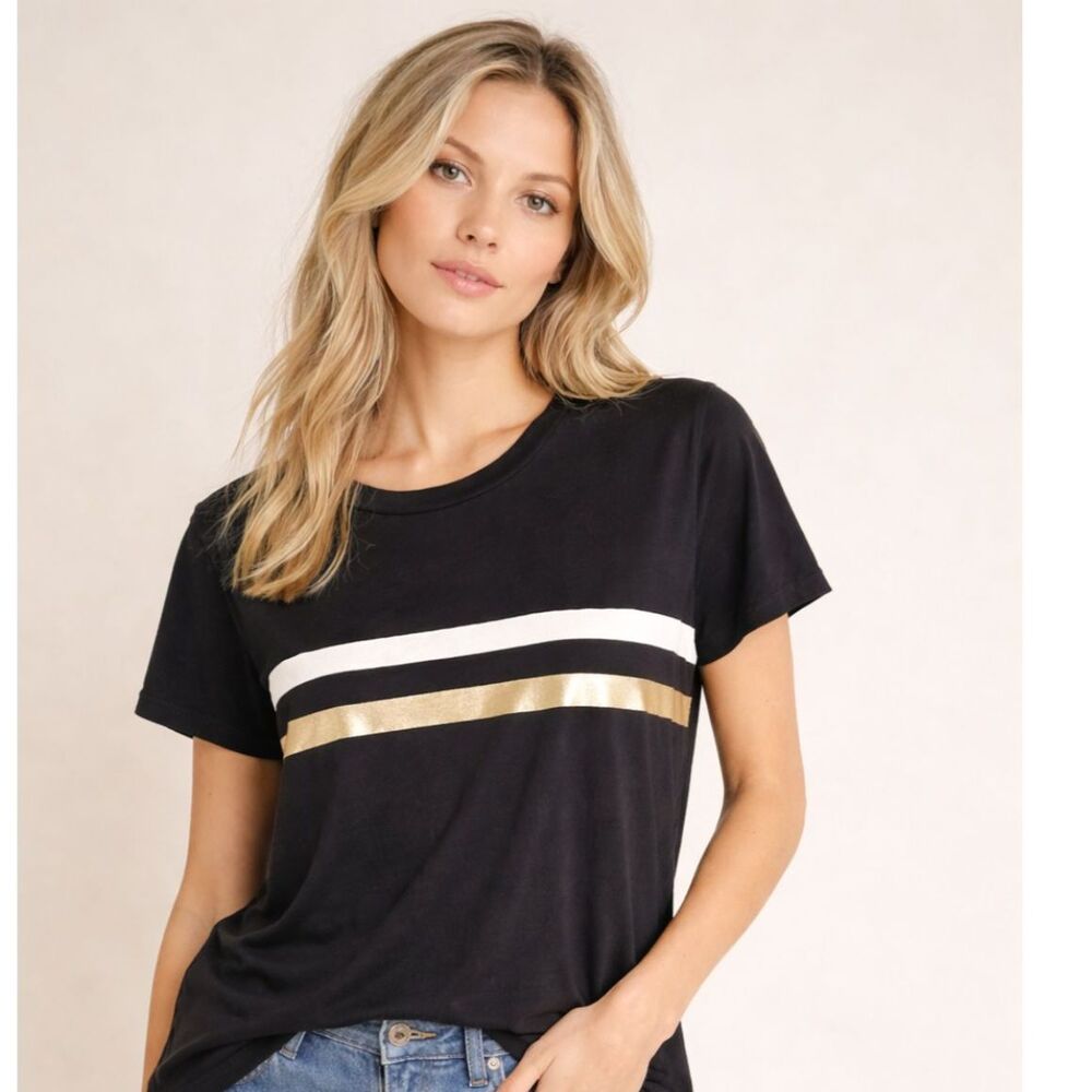 Sundry Anthropologie Black Gold Stripe Boxy Tee XS Minimalist Quiet Luxury NWT